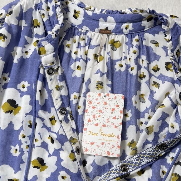 Free People Love Letter Tunic Top Mini Dress Sz S Blue Floral Long Sleeve - Picture 9 of 14